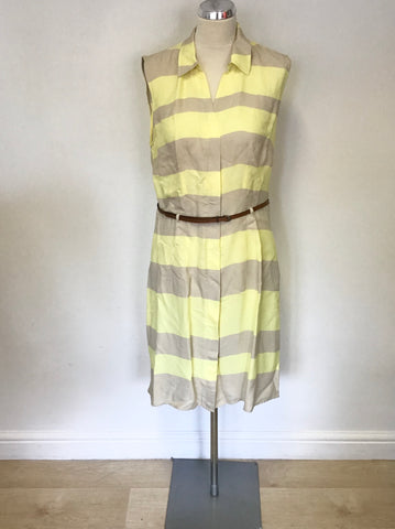 LAURA ASHLEY LEMON & BEIGE STRIPE BUTTON UP SLEEVELESS DRESS SIZE 14