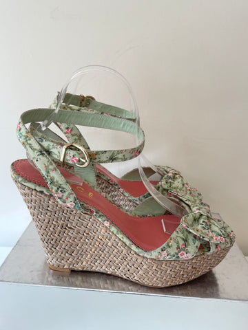 BRAND NEW OFFICE LIGHT GREEN FLORAL PRINT WEDGE HEEL SANDALS SIZE 7/40