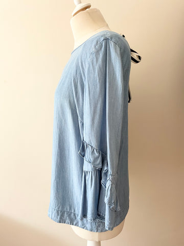 MINT VELVET LIGHT BLUE TIERED FRILL 3/4 LENGTH SLEEVE TOP SIZE 10