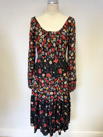 VINTAGE SUZIE G BLACK & MULTI COLOURED FLORAL PRINT ON / OFF SHOULDER DRESS SIZE M