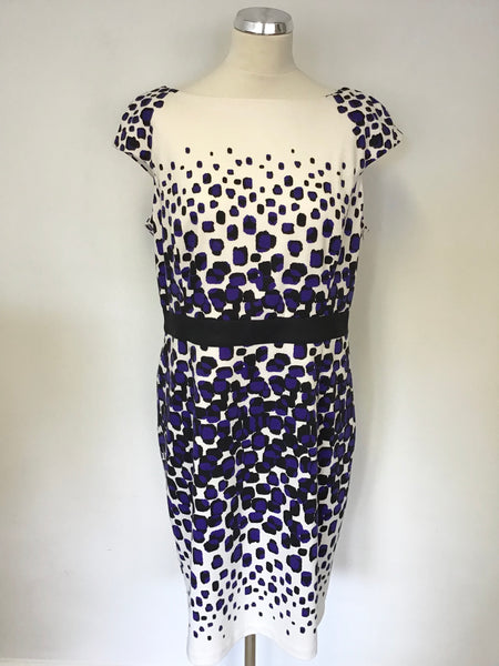 LINEA PURPLE,WHITE & BLACK PRINT CAP SLEEVE PENCIL DRESS SIZE 18