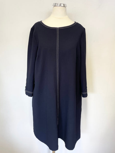 PHASE EIGHT NAVY BLUE & WHITE STITCH TRIM 3/4 SLEEVE SHIFT DRESS SIZE 8