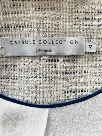 JOHN LEWIS CAPSULE COLLECTION IVORY & NAVY BLUE FLECK COLLARLESS ZIP UP JACKET SIZE 12