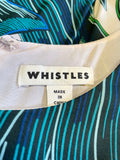 WHISTLES BLUE & GREEN LEAF PRINT SILK CAP SLEEVE SHEATH DRESS SIZE 16
