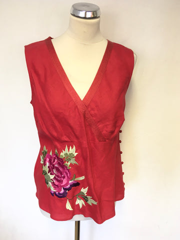 BRAND NEW MONSOON RED LINEN FLORAL EMBROIDERED SLEEVELESS TOP SIZE 16