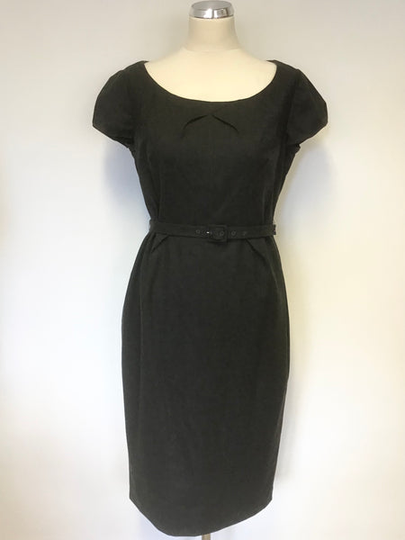 LK BENNETT DARK GREY WOOL CAP SLEEVE BELTED PENCIL DRESS SIZE 12