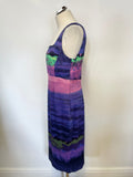 KAREN MILLEN PURPLE,PINK & GREEN PRINT CUT AWAY BACK  SLEEVELESS PENCIL DRESS SIZE 16