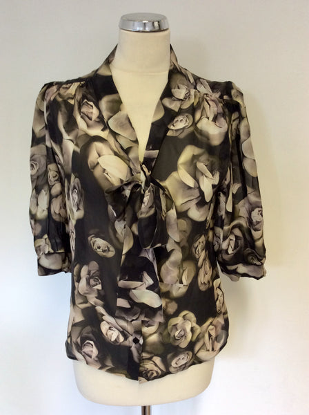 MULBERRY BLACK FLORAL PRINT SILK PUSSY BOW TRIM BLOUSE SIZE 10