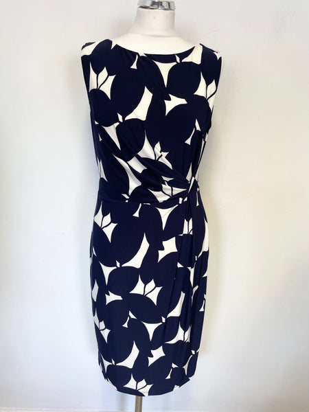 PHASE EIGHT NAVY BLUE & IVORY PRINT SLEEVELESS STRETCH PENCIL DRESS SIZE 14