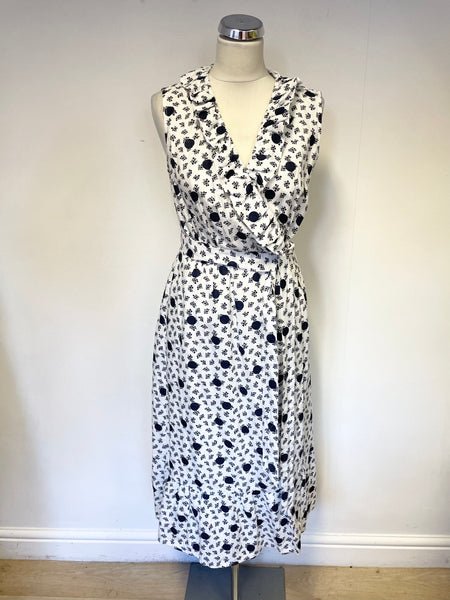 BRAND NEW BODEN WHITE WITH NAVY BLUE PRINT LINEN WRAP DRESS SIZE 12 R
