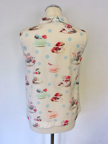 YANI WHITE & MULTI COLOURED TEAPOT & MACAROON PRINT SLEEVELESS BLOUSE SIZE 8