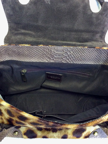 TOSCA BLU BROWN LEATHER SNAKESKIN & LEOPARD PRINT PONYSKIN SHOULDER BAG