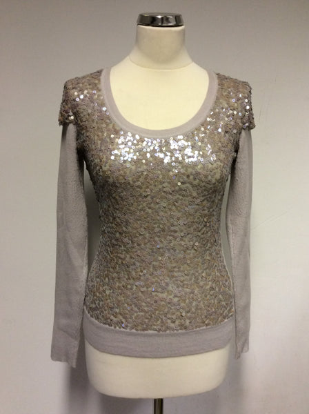KAREN MILLEN OYSTER BEIGE SEQUINED FRONT SCOOP NECK JUMPER SIZE 2 UK 10
