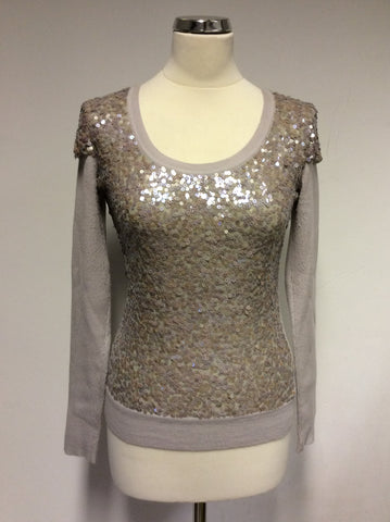 KAREN MILLEN OYSTER BEIGE SEQUINED FRONT SCOOP NECK JUMPER SIZE 2 UK 10