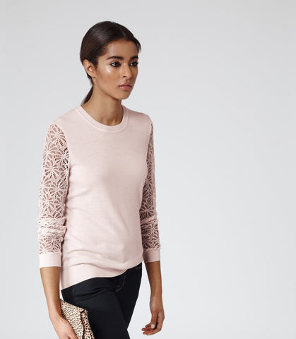 REISS CARA PALE PINK LACE SLEEVE JUMPER SIZE S