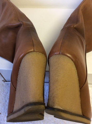 ZARA WOMAN TAN LEATHER WEDGE HEEL KNEE LENGTH BOOTS SIZE 5/38