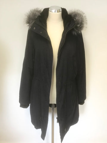JIGSAW DARK BLUE HOODED FAUX FUR TRIM PARKA JACKET SIZE 16
