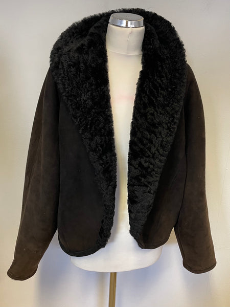 NICOLE FARHI DARK BROWN & BLACK SHORT SHEEPSKIN JACKET SIZE 14