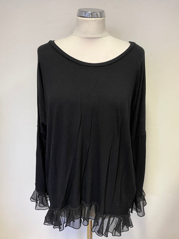 A POSTCARD FROM BRIGHTON BLACK JERSEY FRILL TRIM LONG SLEEVED TOP SIZE 2 UK 14/16