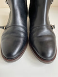 HOBBS BLACK LEATHER KNEE LENGTH BUCKLE TRIM LOW HEEL BOOTS SIZE 6/39