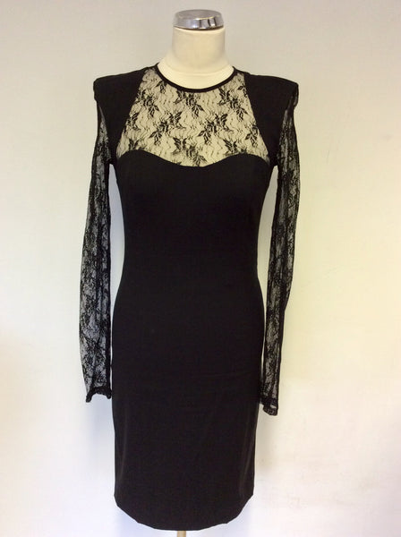 FRENCH CONNECTION BLACK LACE TOP LONG SLEEVE BODYCON DRESS SIZE 12