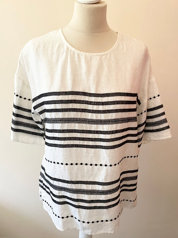 JIGSAW WHITE & BLACK EMBROIDERED SHORT SLEEVE LINEN TOP SIZE 12