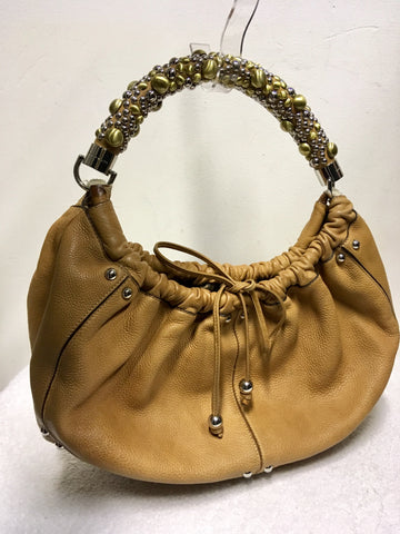 KAREN MILLEN TAN LEATHER STUDDED STRAP SHOULDER BAG
