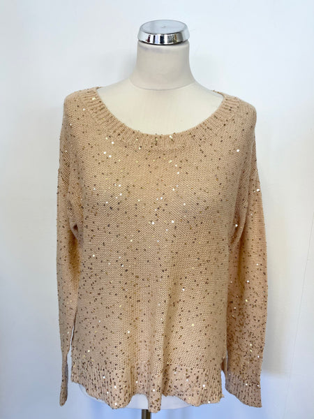 JAEGER GOLD SEQUINNED COTTON,WOOL & CASHMERE FINE KNIT JUMPER SIZE S