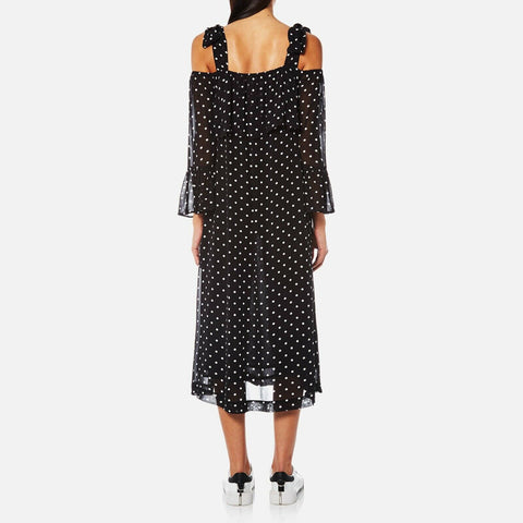 BRAND NEW GANNI BLACK & WHITE SPOT MONETTE GEORGETTE COLD SHOULDER MIDI DRESS SIZE 36 UK 10