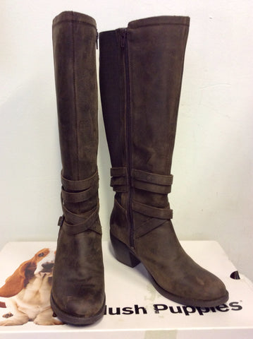 BRAND NEW HUSH PUPPIES BROWN WAX LEATHER KNEE LENGTH BOOTS SIZE 6/39