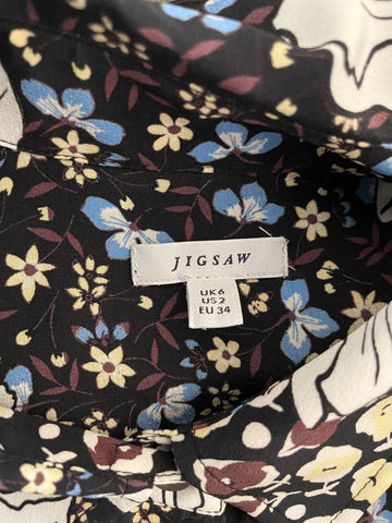 JIGSAW BLACK,BLUE,BROWN & WHITE FLORAL PRINT SILK SHIRT SIZE 6