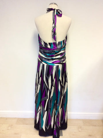 MONSOON MULTI COLOURED PRINT SILK HALTERNECK MAXI DRESS SIZE 14