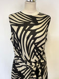 HOBBS BLACK & PALE GREY PATTERNED LINEN FIT & FLARE SLEEVELESS MIDI DRESS SIZE 16