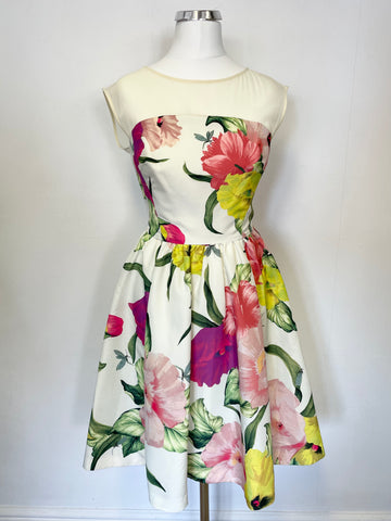 TED BAKER IBIRIS IVORY & MULTI COLOURED FLORAL PRINT FIT & FLARE DRESS SIZE 0 UK 6