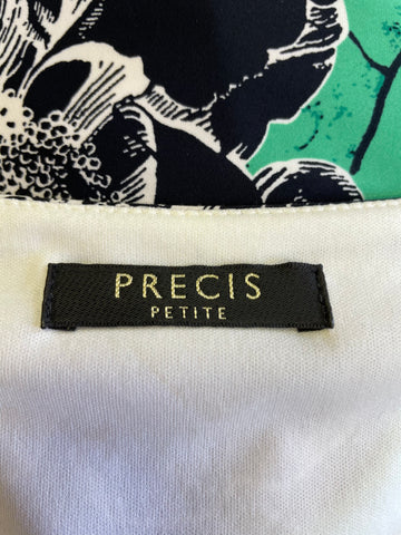 PRECIS PETITE BLACK,WHITE & GREEN FLORAL PRINT 3/4 SLEEVE STRETCH PENCIL DRESS SIZE 8