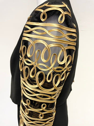 HELEN SYKES BLACK & GOLD BRAID TRIMMED LONG EVENING DRESS & MATCHING BOLERO JACKET SIZE 16