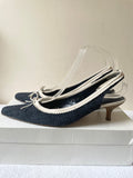 LK BENNETT NAVY BLUE TEXTILE & IVORY LEATHER TRIM SLINGBACK HEELS SIZE 6.5/39.5