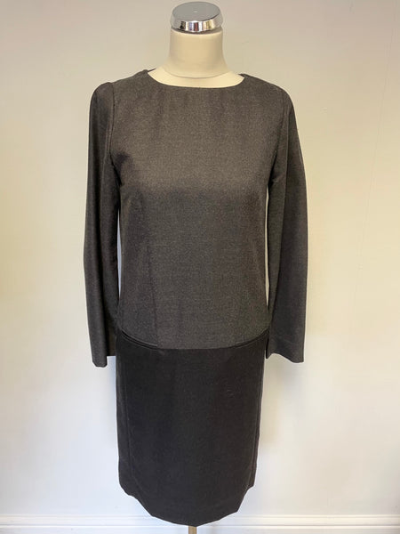 JAEGER GREY 2 TONE WOOL BLEND LONG SLEEVE SHIFT DRESS SIZE 8