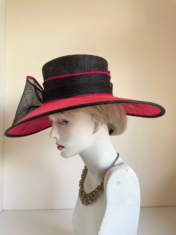 JACQUES VERT DARK PINK & BLACK BOW & FEATHER TRIM FORMAL HAT