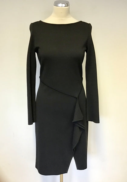 DESIGNER ST JOHN BLACK WOOL BLEND LONG SLEEVE FRILL TRIM PENCIL DRESS  UK 8/10