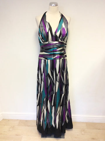MONSOON MULTI COLOURED PRINT SILK HALTERNECK MAXI DRESS SIZE 14