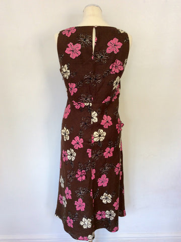COUNTRY CASUALS BROWN WITH PINK & IVORY FLORAL PRINT LINEN DRESS SIZE 14 PETITE