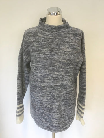 CELTIC & CO BLUE MARL & CREAM TRIM 100% WOOL LONG SLEEVE JUMPER SIZE L