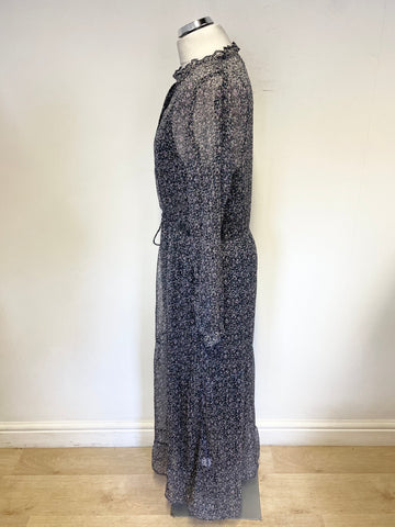 NEO NOIR SILO BLACK, GREY & PINK DITSY FLORAL PRINT LONG SLEEVED MAXI DRESS SIZE S