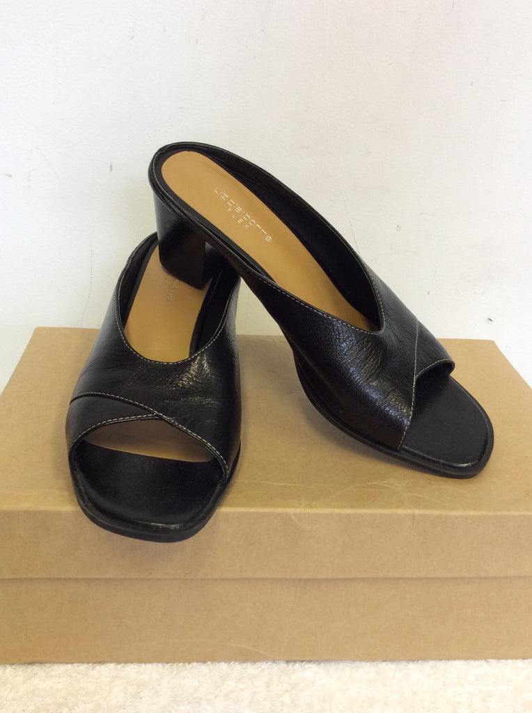 LIZ CLAIBORNE BLACK LEATHER PEEPTOE HEELED MULES SIZE 2 34.5 Whispers Dress Agency