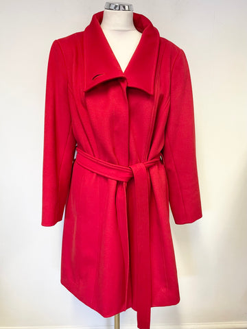 PER UNA RED WOOL BLEND KNEE LENGTH BELTED COAT SIZE M