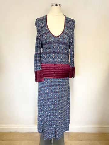 LOOKING GLASS BLUE & BURGUNDY PRINT STRETCH JERSEY MIDI DRESS SIZE 10