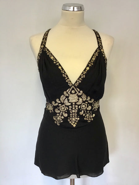 TEMPERLEY BLACK SILK & GOLD EMBROIDERED & EMBELLISHED CROSS OVER BACK TOP SIZE 8