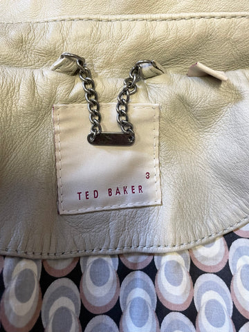 TED BAKER AMOUR STONE GREY SOFT LEATHER ZIP UP JACKET SIZE 3 UK 10/12