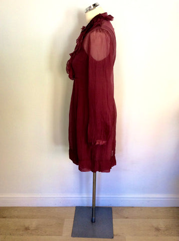 PHASE EIGHT TERRACOTTA SILK OVERLAY LONG SLEEVE RUFFLE TRIM DRESS SIZE L UK 12/14